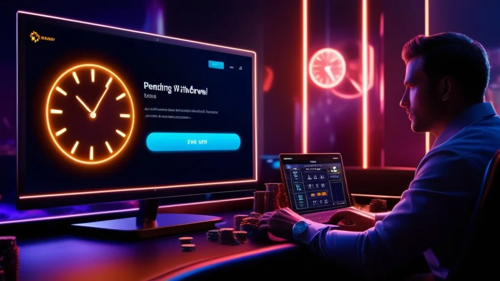 Dunkle Casino-Szene mit Uhr und offenem Auszahlungsstatus