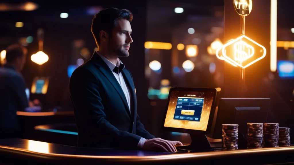 Dunkle Casino-Szene mit Auszahlungsbildschirm und Chips an der Kasse