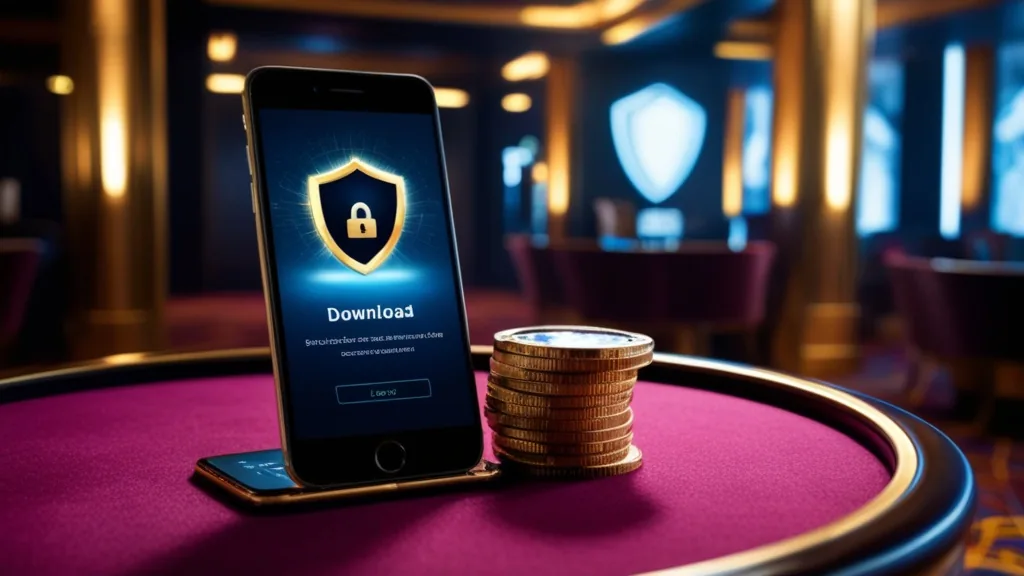Smartphone mit Download-Symbol in dunkler Casino-Atmosphäre