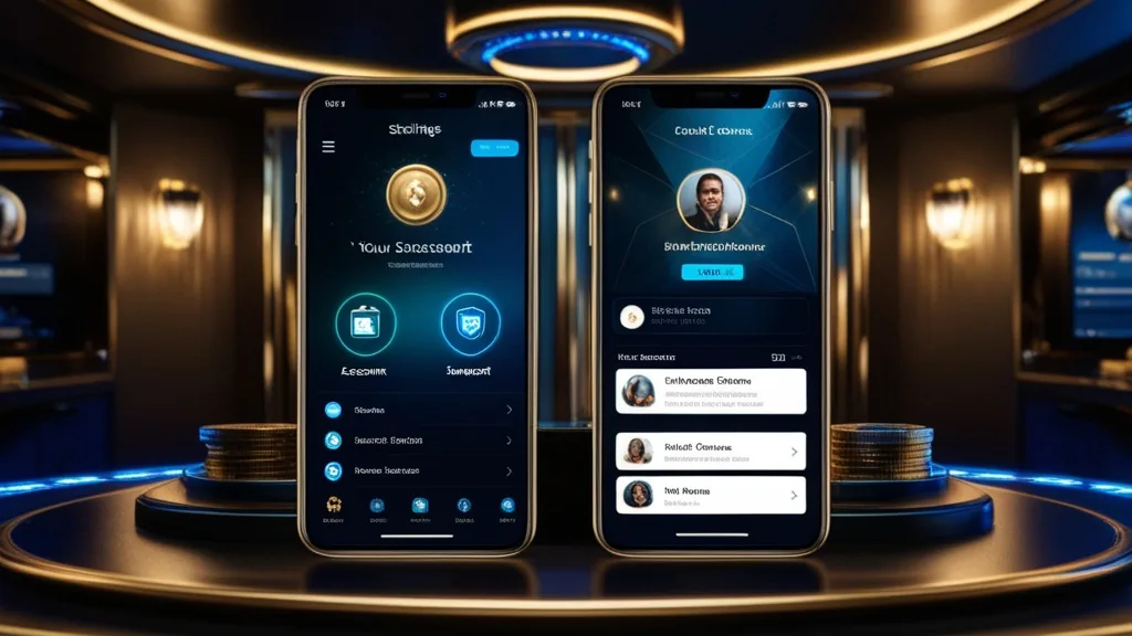 Smartphone mit Kontoeinstellungen und Support-Symbolen in dunkler Casino-Optik